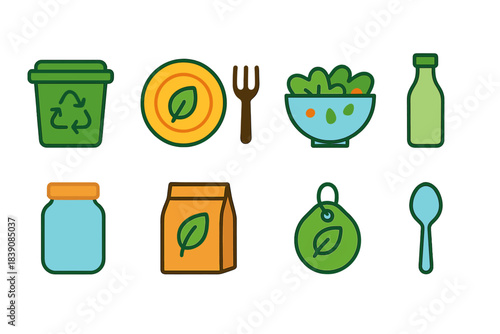 Eco-friendly dining flat icon set. Reusable, sustainable, green lifestyle collection.