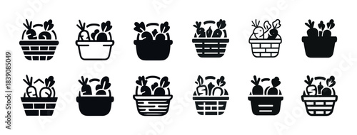 Set of black and white icons of baskets with fruits and vegetables