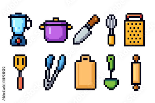 Kitchen tools pixel icon set. Cooking utensils in retro 8-bit pixel art style.
