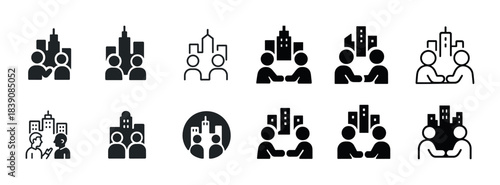Business meeting icons: urban office communication and collaboration
