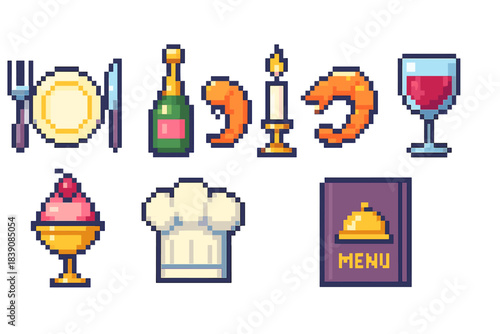 Food and dining pixel icon set. Culinary, restaurant, gourmet icons in pixel art style