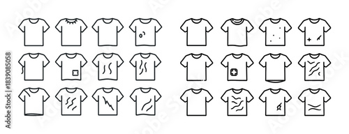 Set of t-shirt icon illustrations demonstrating various wear and tear conditions
