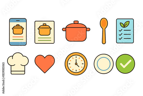 Cooking and recipe flat icon set. Kitchen, culinary tools, instructions flat collection