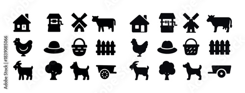 Farm icons set: animals, buildings, tools in black silhouette style