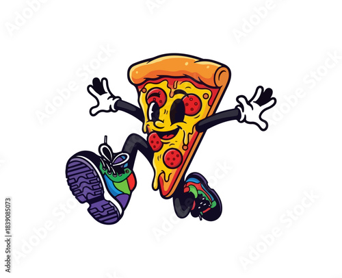 Cartoon Pizza Slice Character Running with Sneakers and Smiling Face.