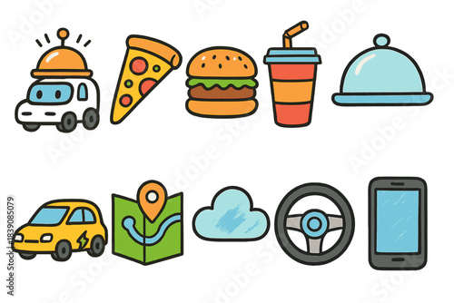 Restaurant and delivery icon set. Food and transportation icons in flat style
