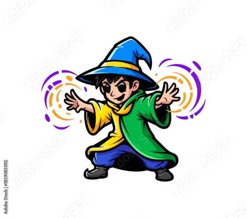 Young wizard conjuring magic with glowing energy in cartoon style.