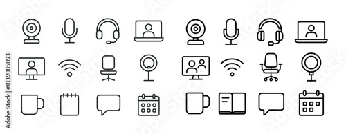 Office and communication icons: webcam, microphone, laptop, mug, calendar, chair, network