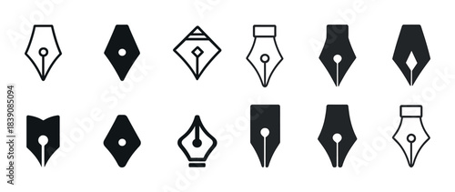 Set of twelve black fountain pen nib icons in various styles
