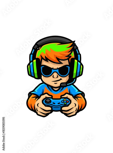 Vibrant cartoon boy gamer with headphones and controller playing video games.