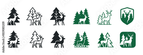 Set of deer and pine tree icons in various styles and silhouettes