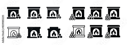 Collection of various fireplace icons in black and white vector style