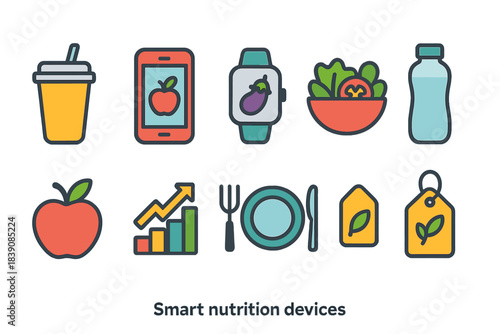 Healthy eating flat icon set: nutrition, devices, diet planner, calorie tracker