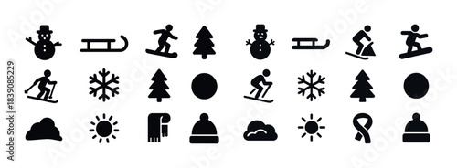 Winter sports and holiday icon set: snowman, sled, snowboarding, skiing, sun, cloud, tree, snowflake