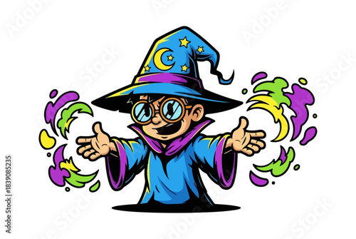 Young wizard with glasses and a magical hat performing a spell.