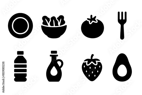 Food and kitchen solid icon set. Meal, cooking essentials collection for chefs