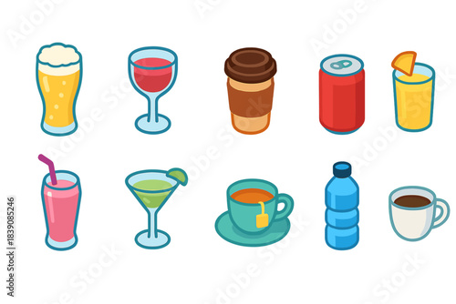 Beverage, drink flat icon set. Coffee, juice, wine, soda, tea, cocktail flat icons.