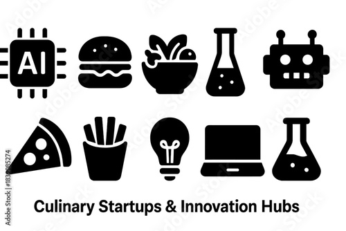 Culinary innovation solid icon set: food tech, startup, robotics, lab symbols collection