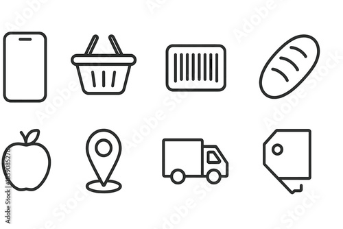 Shopping and delivery line icon set. E-commerce, market, courier icons in outline style.