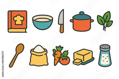 Cooking, food flat icon set. Kitchen, ingredients, recipe, meal preparation icons collection