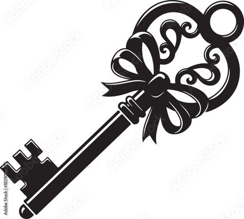 Ornate vintage skeleton key with decorative ribbon bow vector illustration graphic design