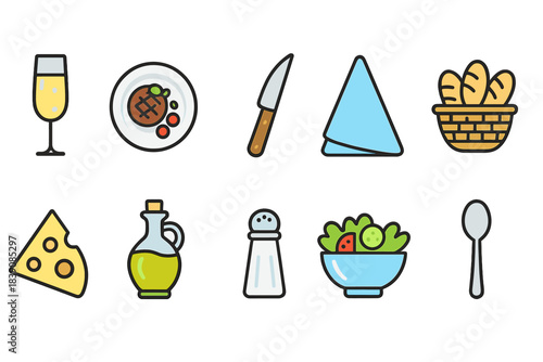 Culinary and dining icon set. Flat style food and kitchen essentials collection