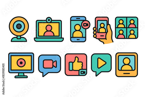 Video conference outline icon set. Webcam, chat, online meeting, digital communication icons