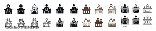 Row of diverse courtroom icons: judges, lawyers, and witnesses