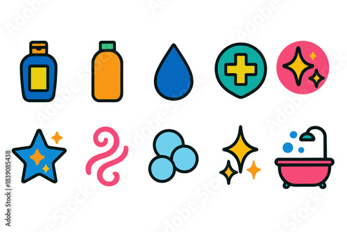 Bath essentials icon set. Personal care flat icons for spa and wellness products.
