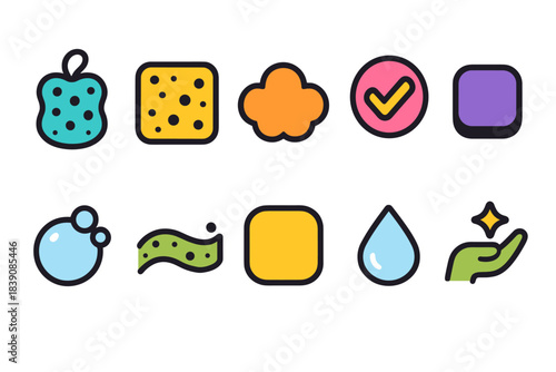 Cleaning tools outline icon set. Sponge, soap, drop, hand icons collection.