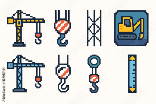 Construction equipment pixel icon set. Crane, excavator, hook, tools icons in 8-bit style