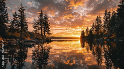Golden sunset over a vast lake scenic landscape with silhouetted pine trees and a calm mirror-like water surface