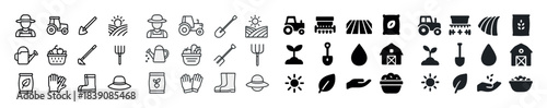 Farm icons collection: equipment, tools, crops, and agricultural symbols