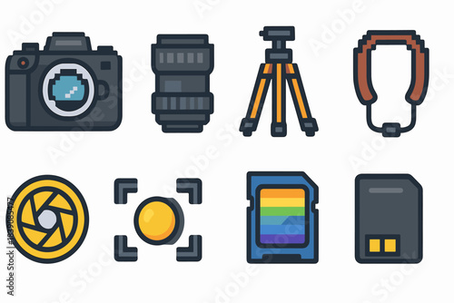 Photography equipment flat icon set: camera, lens, tripod, memory card essentials
