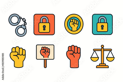 Justice and activism icon set. Flat legal and protest icons collection for awareness