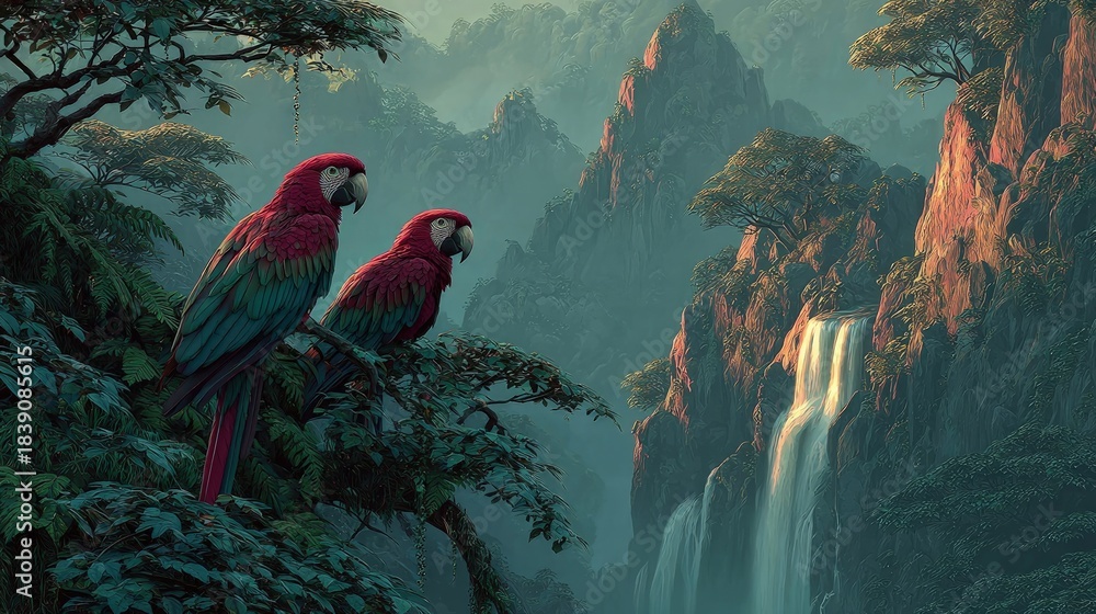 Obraz premium Dense tropical forest scenic landscape vibrant parrots perched on vines a cascading waterfall hidden deep within the emerald jungle