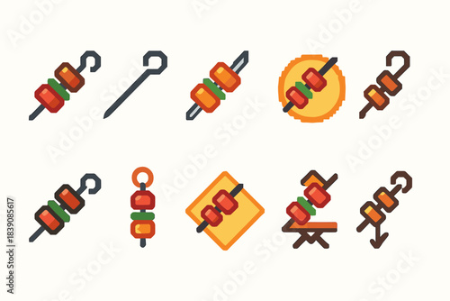Kebab, food flat icon set. Barbecue, grill, skewer, cooking icons flat style collection