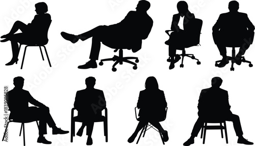 Set of eight business people men and women sitting on chairs and office chairs, corporate meeting and relaxation silhouette vector collection