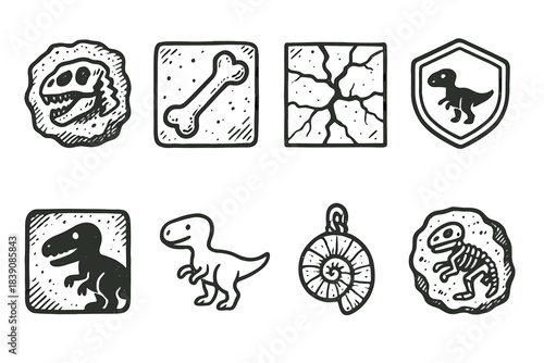 Dinosaur, fossil outline icon set. Prehistoric, paleontology symbols in outline style