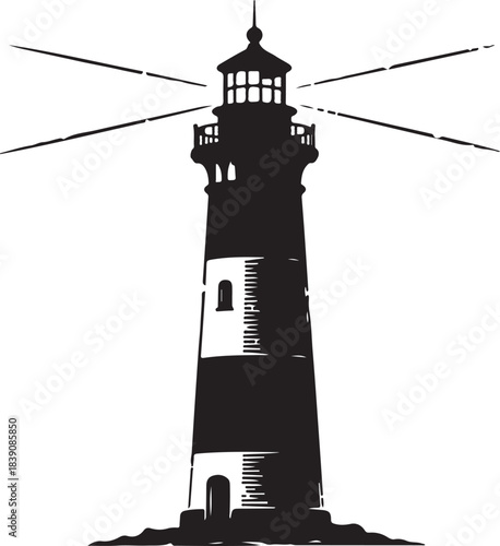 Classic black and white lighthouse beacon guiding ships along the rocky coast