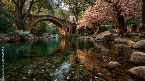 A crystal-clear river flows under an ancient stone bridge scenic landscape surrounded by cherry blossoms in spring