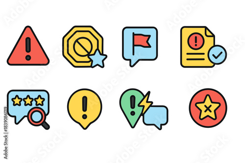 Alert and warning flat icon set. Caution, danger, and notification icons collection