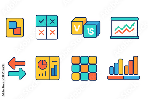 Business and data flat icon set for analysis, chart, and statistics visual representation