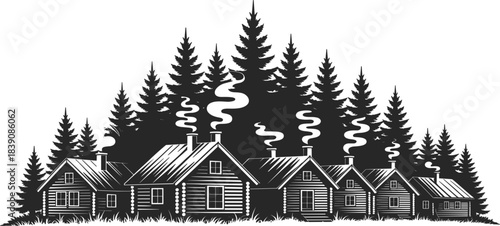 Rustic engraving style illustration of log cabins or lodges nestled in a dense pine forest, remote wilderness landscape border, black silhouette vector
