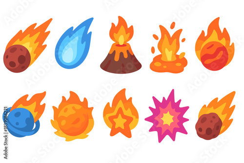 Flame, fire flat icon set. Burning, fiery icons flat collection for design projects