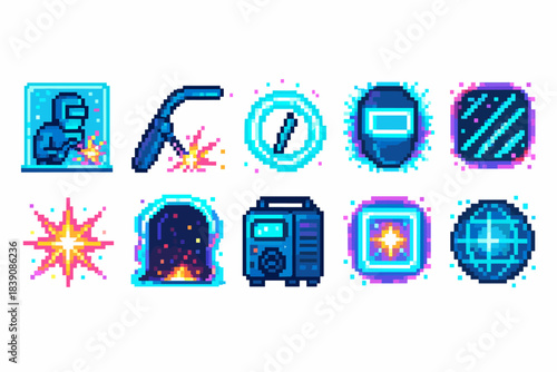 Welding, industrial pixel icon set. Tools, safety equipment, pixel art collection