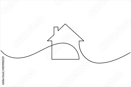 Continuous thin one line home art vector illustration, minimalist house concept. Single line art cottage building design