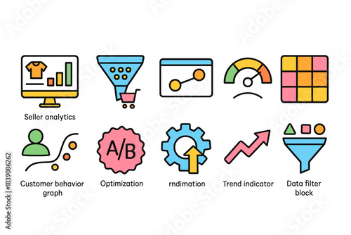 Analytics and marketing filled icon set for data analysis and optimization