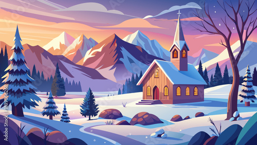 Very beautiful serene winter scene featuring a small church, snow-covered hills, distant mountains, and peaceful holiday atmosphere, creating a quiet, picturesque view of cold-season rural beauty unde