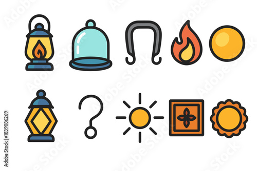 Camping and outdoor flat icon set. Lantern, fire, nature icons flat collection.